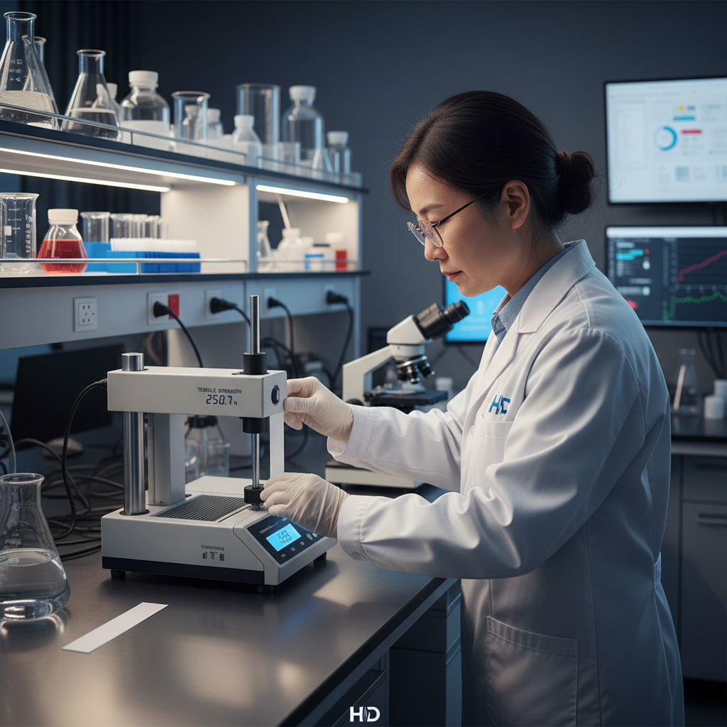 현대적인 연구실에서 흰 가운을 입은 전문가가 정밀 측정 기기를 사용하여 종이의 인장 강도와 두께를 세밀하게 테스트하는 품질 관리 작업 현장.
