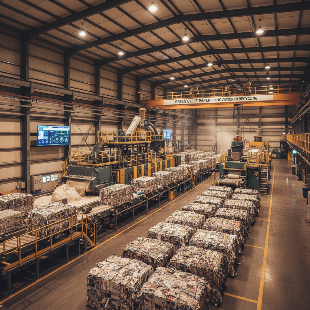 다양한 폐지가 대규모로 수거되어 새로운 펄프로 재탄생하기 위해 공정되는 친환경 자원 순환 시스템을 담은 제지 공장의 재활용 설비 전경.